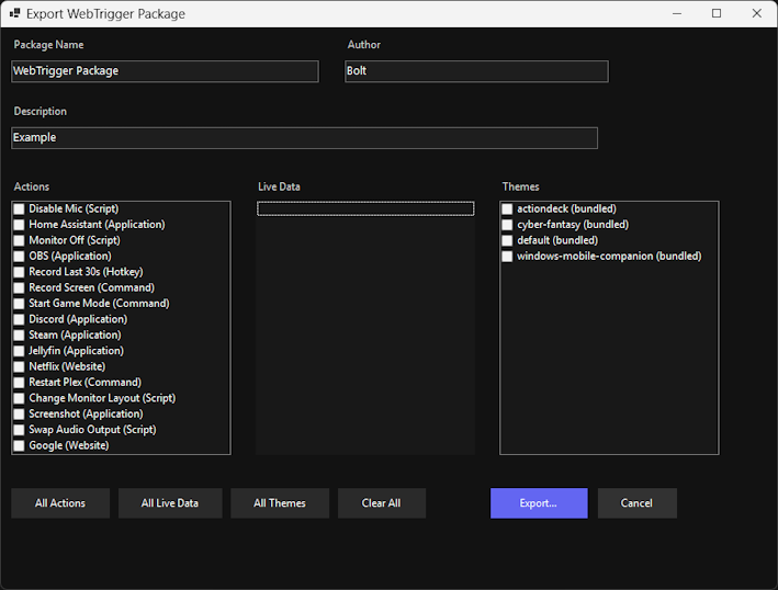 WebTrigger export window showing selectable actions, live data, and themes