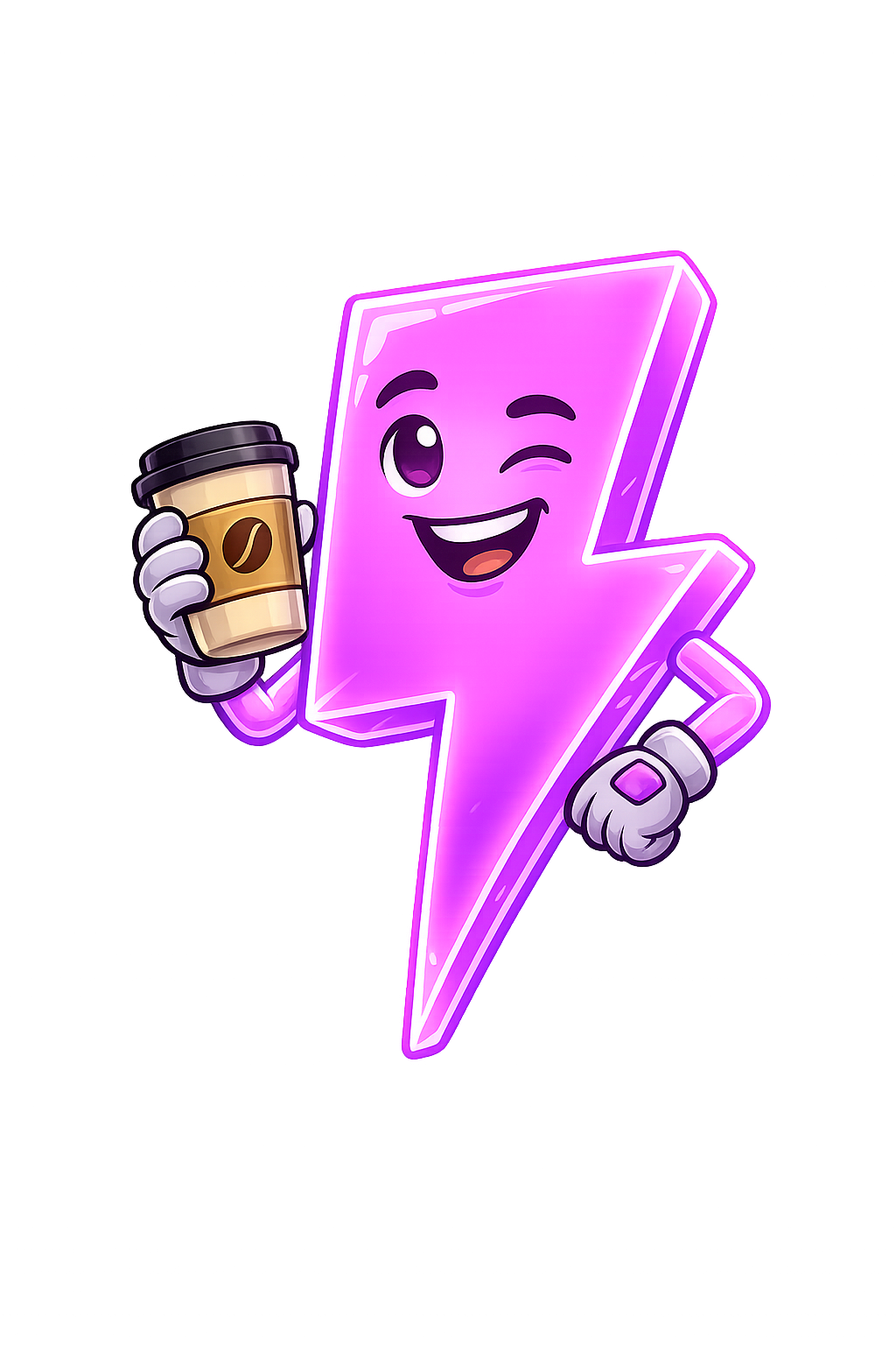 Bolt, the WebTrigger mascot, holding coffee